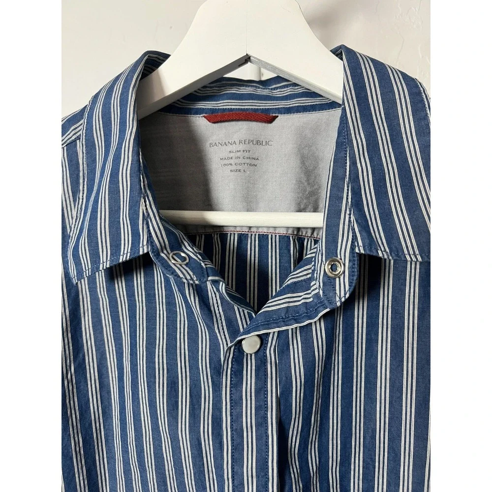 Banana Republic Pearl Snap Shirt Western Mens Size L Slim Fit Blue White Striped